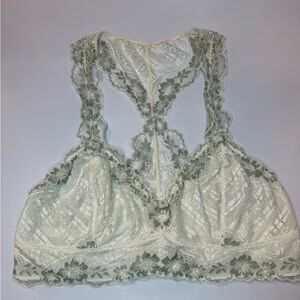 Free People Cream and Green Lace Bra with Romantic Detailing